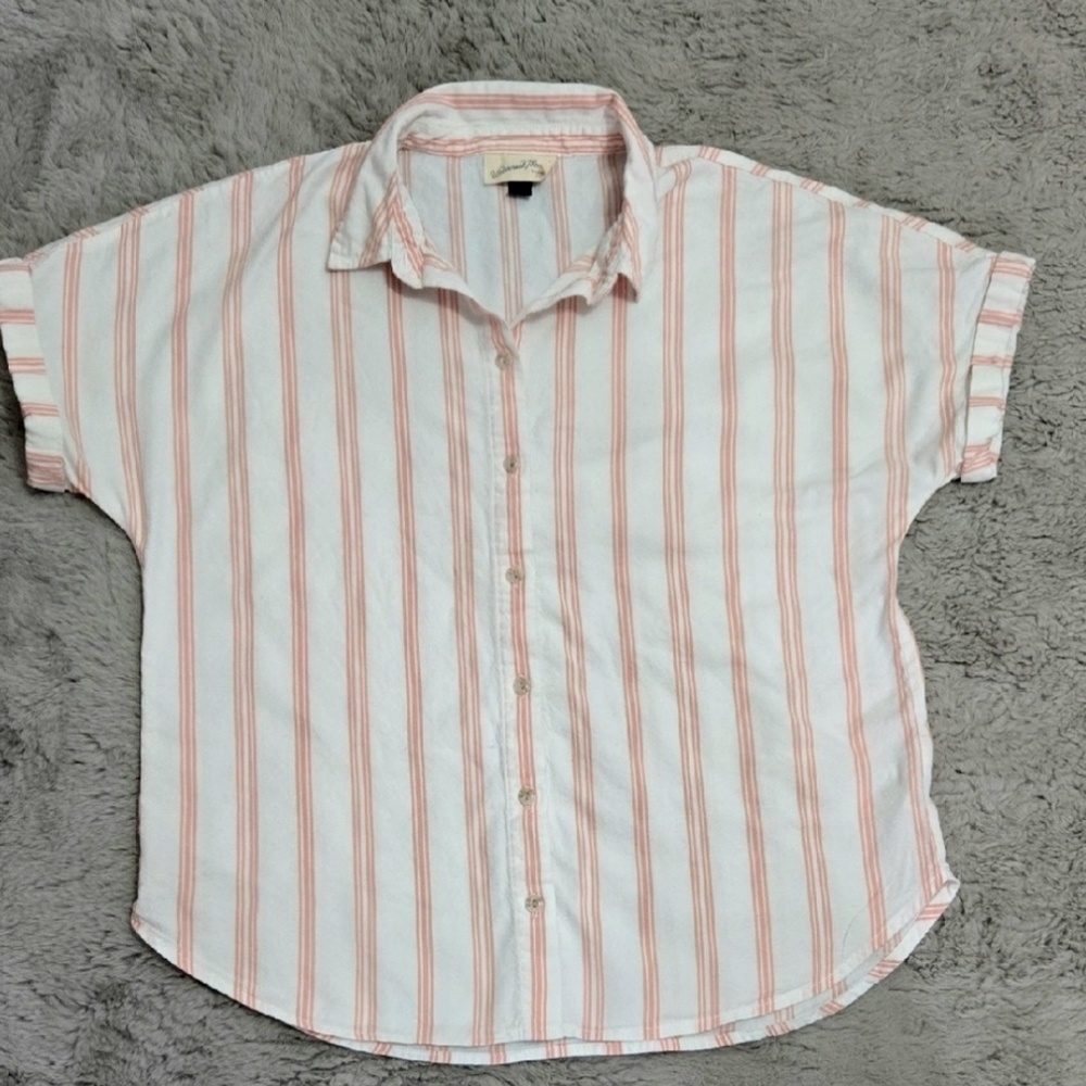 White and Coral striped button down women's shirt size S